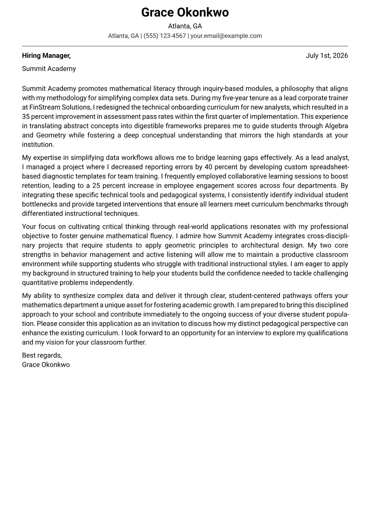 Math Teacher cover letter in the Modern design