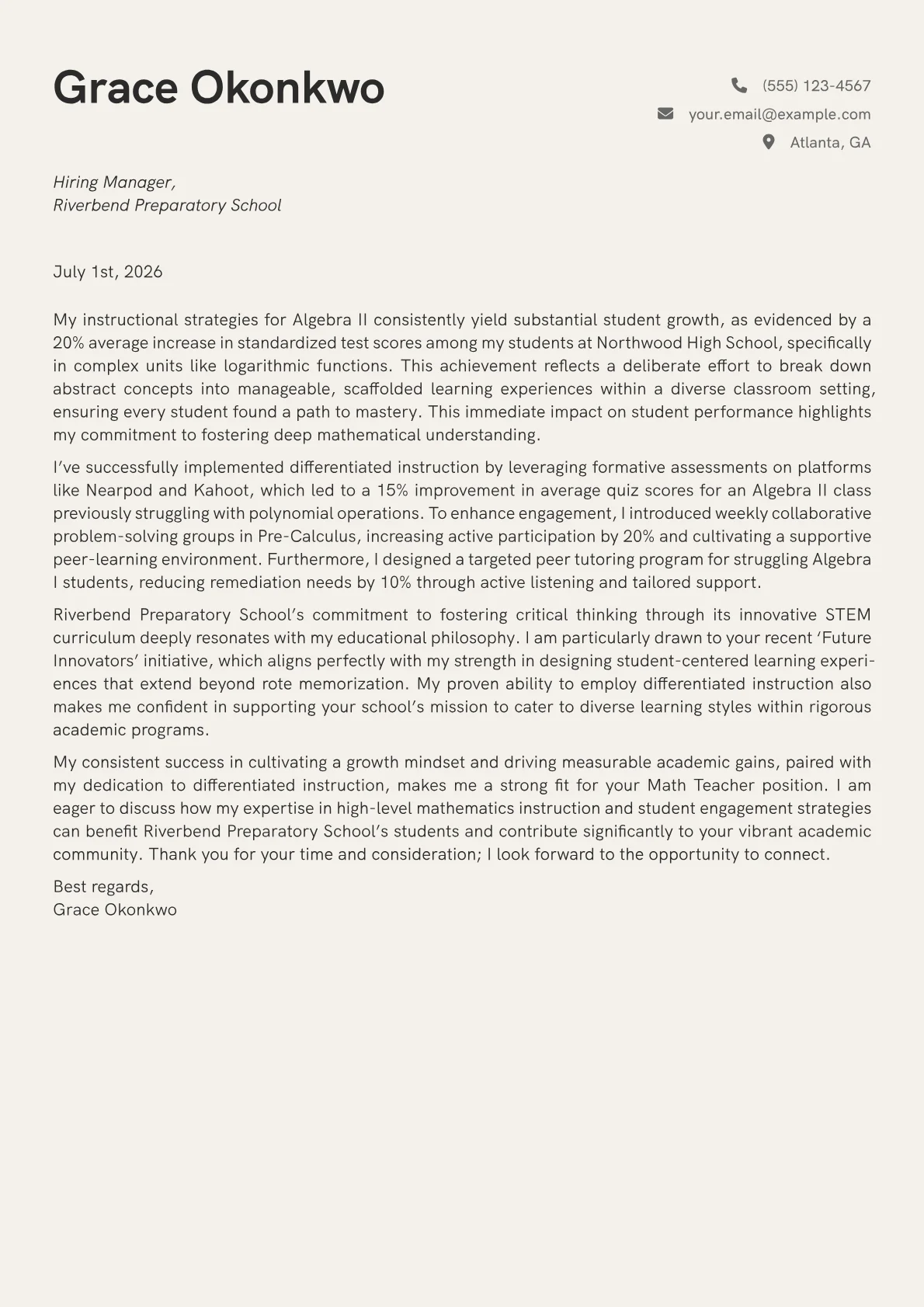 Math Teacher cover letter formatted with a JobSprout template