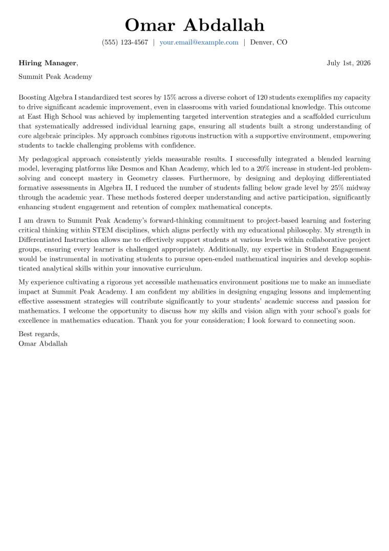Mathematics Teacher Cover Letter Example
