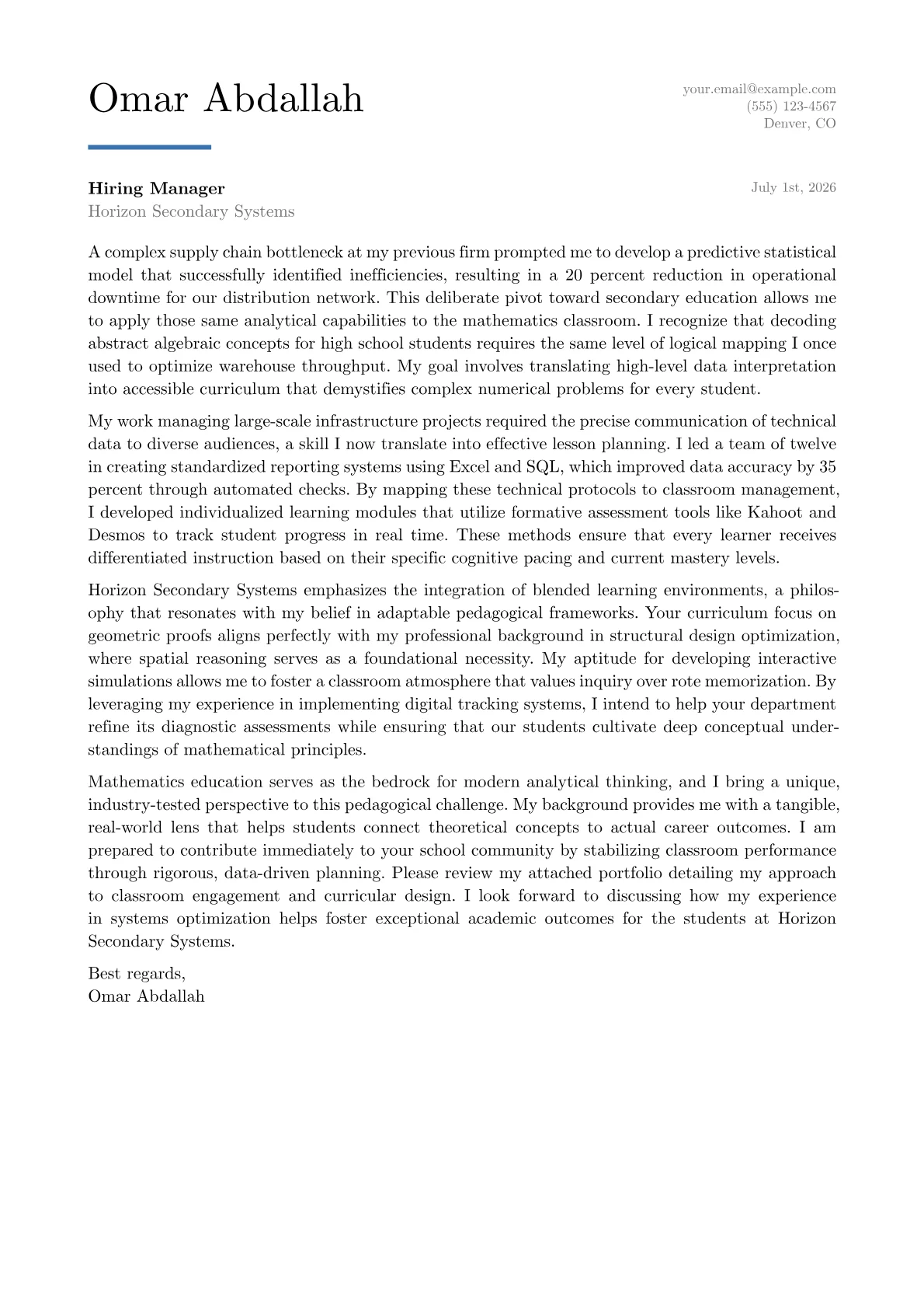 Mathematics Teacher cover letter in the Executive design