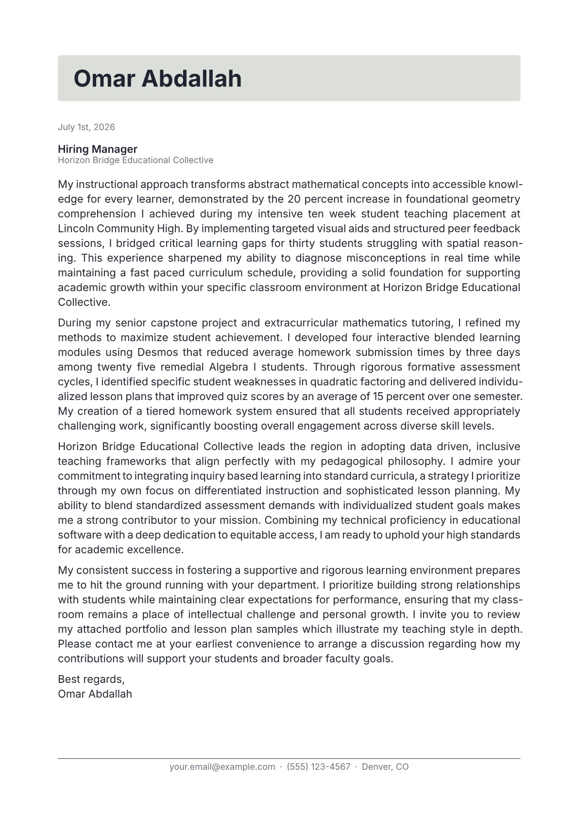Mathematics Teacher cover letter in the Letterhead design