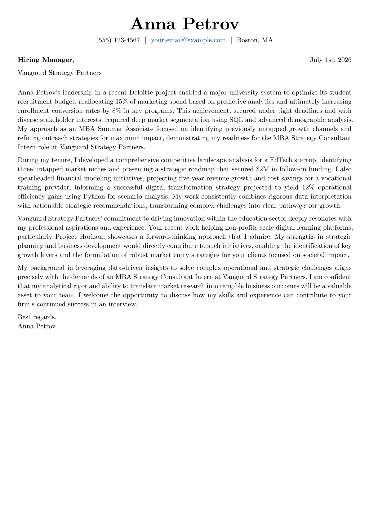 MBA Student cover letter formatted with a JobSprout template