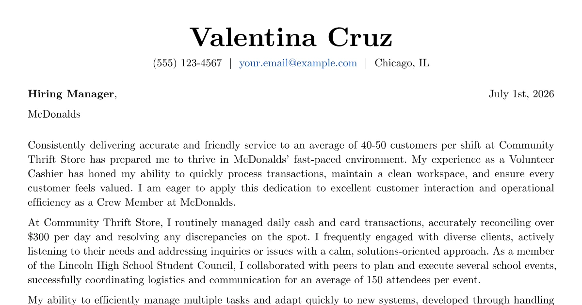 Unregulated Example McDonalds Cover Letter Example + Template (2026)