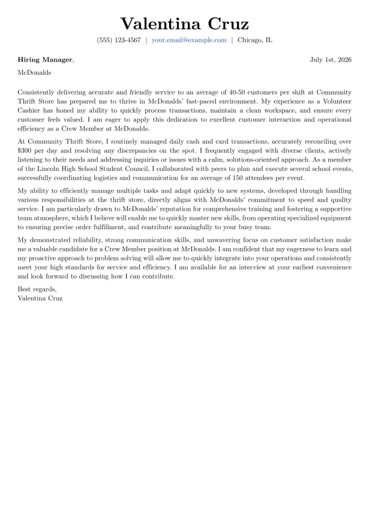 McDonalds Cover Letter Example + Template (2026)