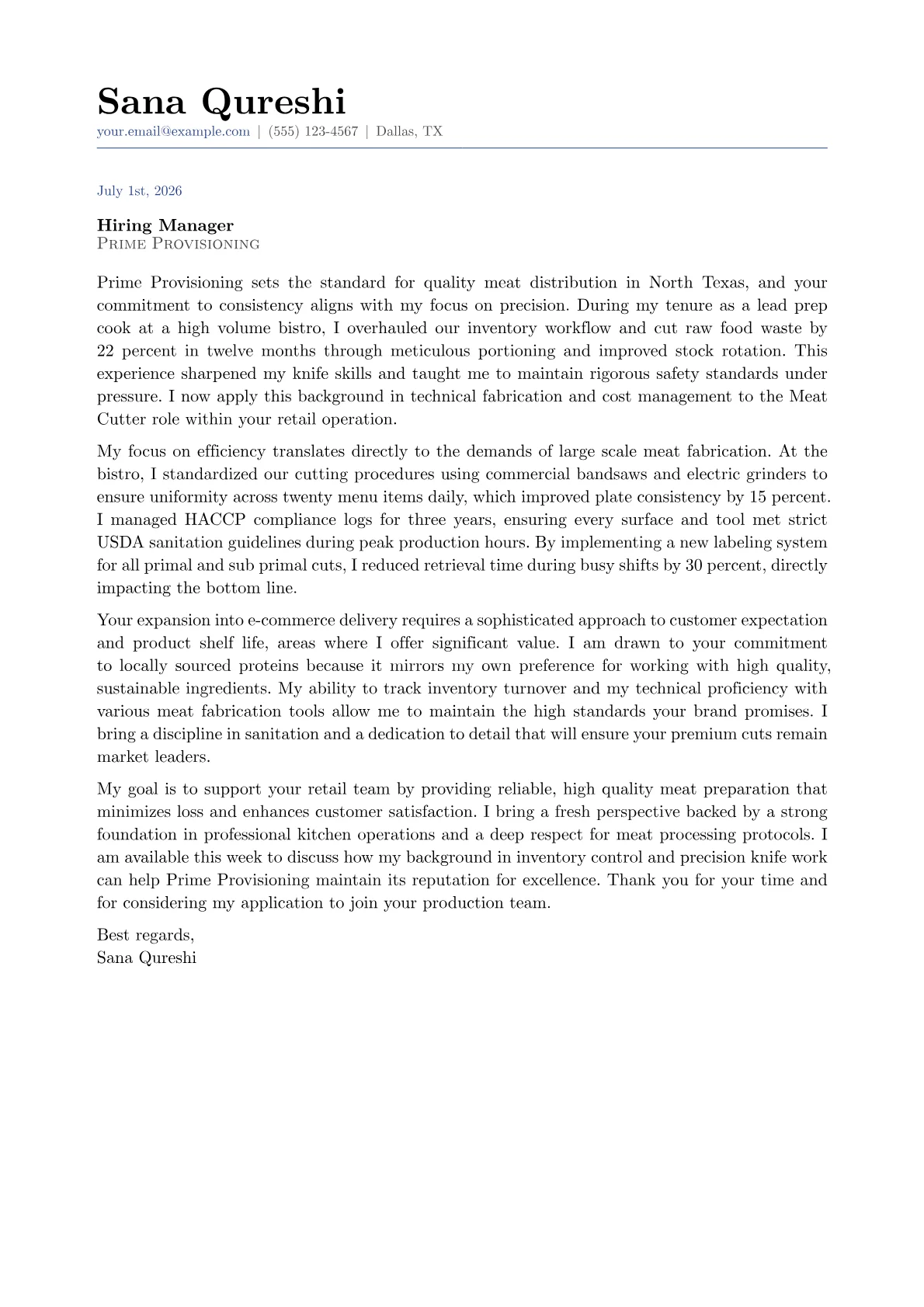 Meat Cutter cover letter in the Classic design