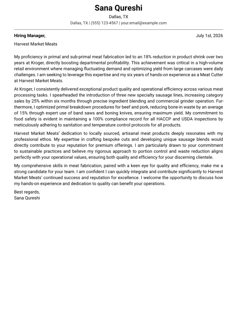 Meat Cutter cover letter example preview