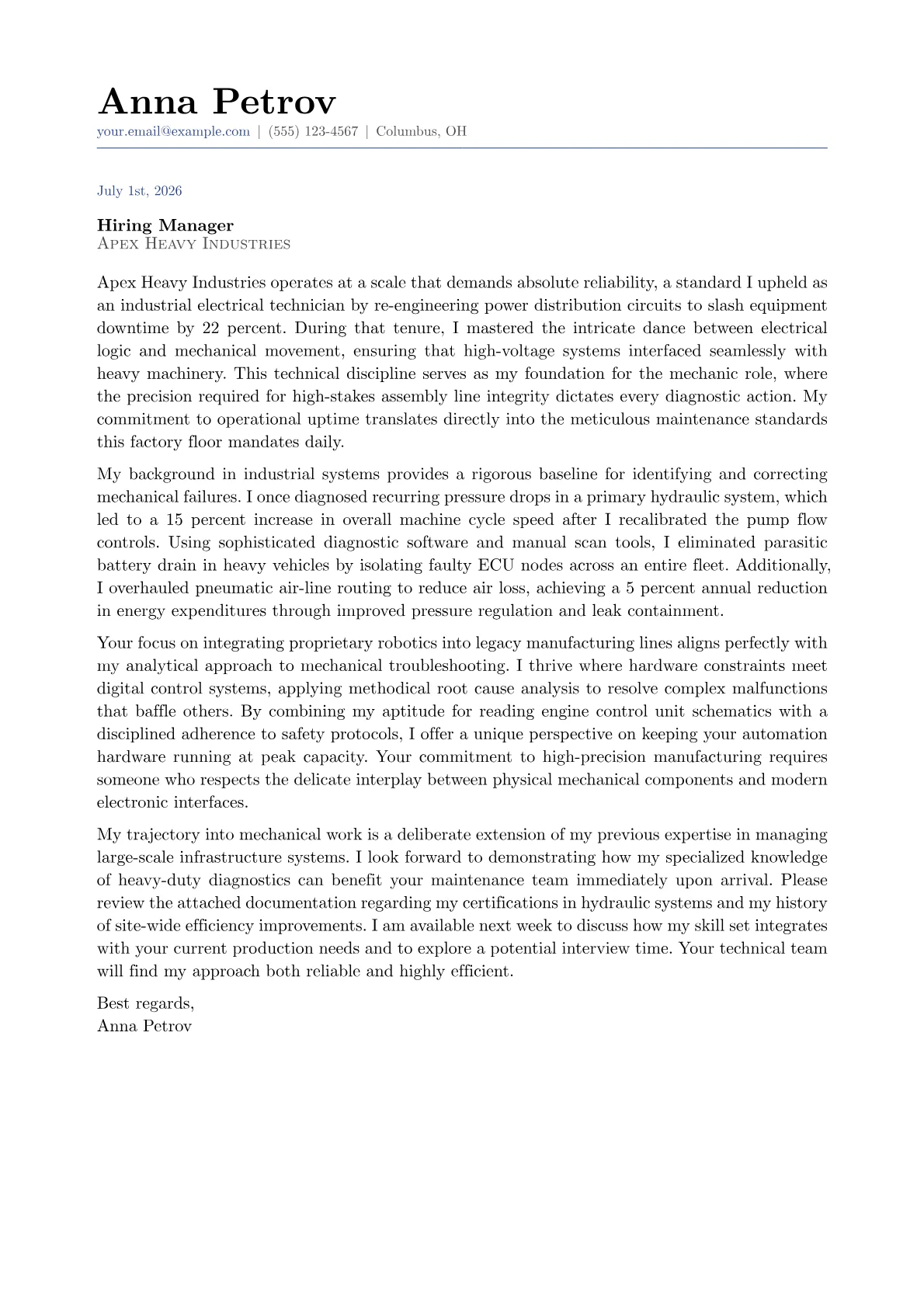 Mechanic cover letter in the Classic design
