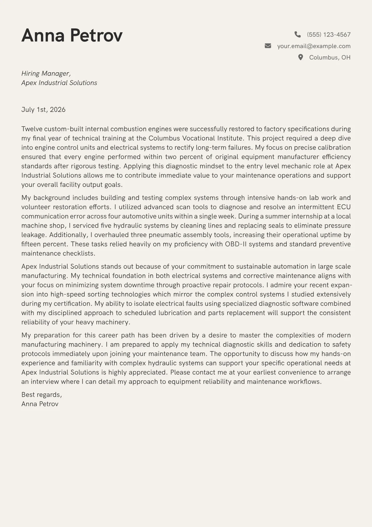 Mechanic cover letter in the Creative design