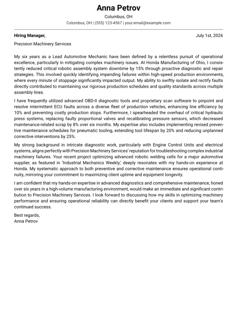 Mechanic Cover Letter Example