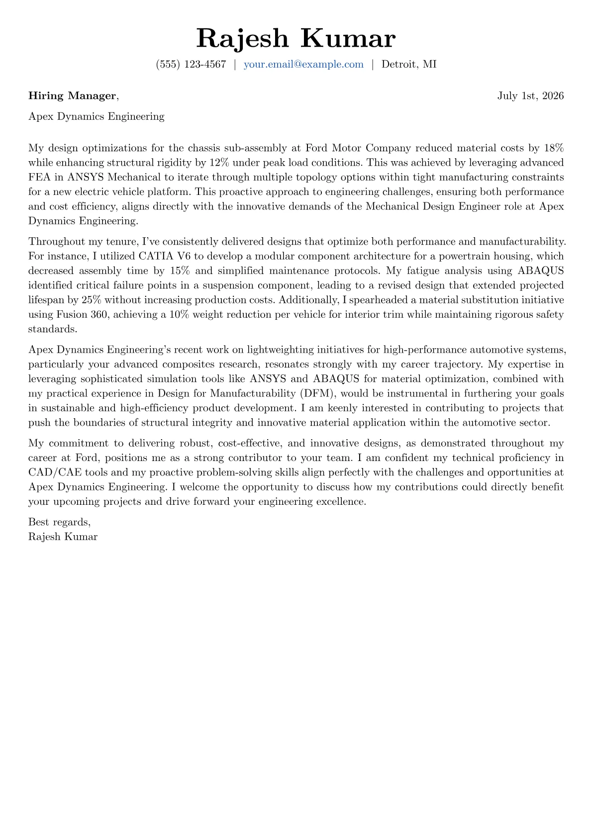 Mechanical Design Engineer cover letter formatted with a JobSprout template