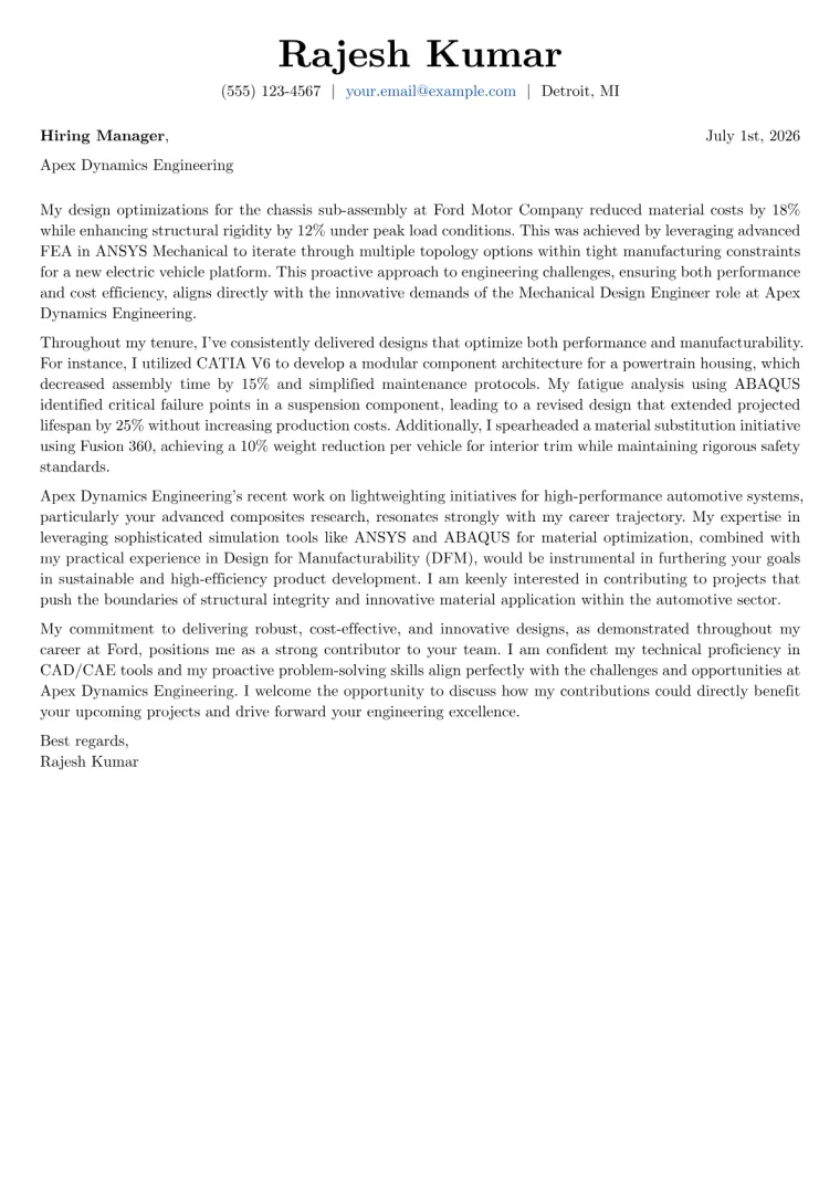 Mechanical Design Engineer Cover Letter Example