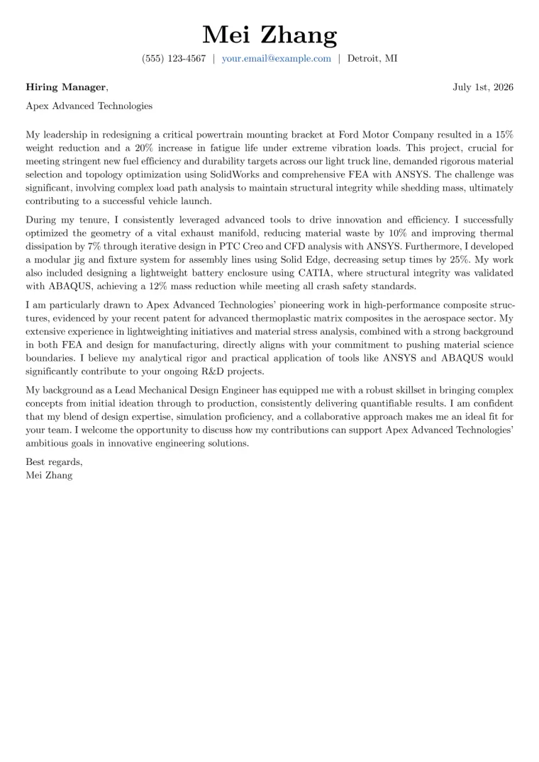 Mechanical Engineer Cover Letter Example