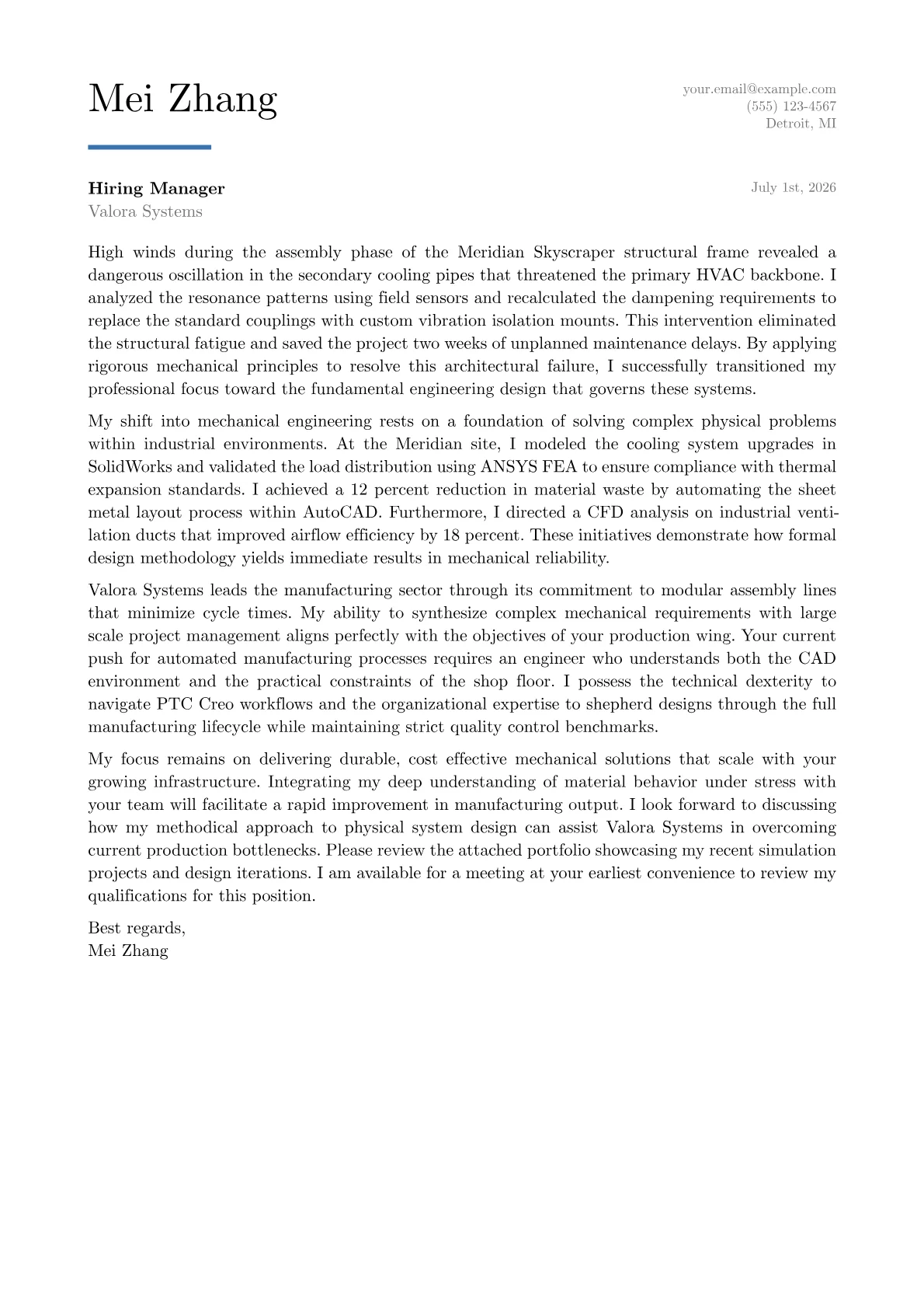 Mechanical Engineer cover letter in the Executive design