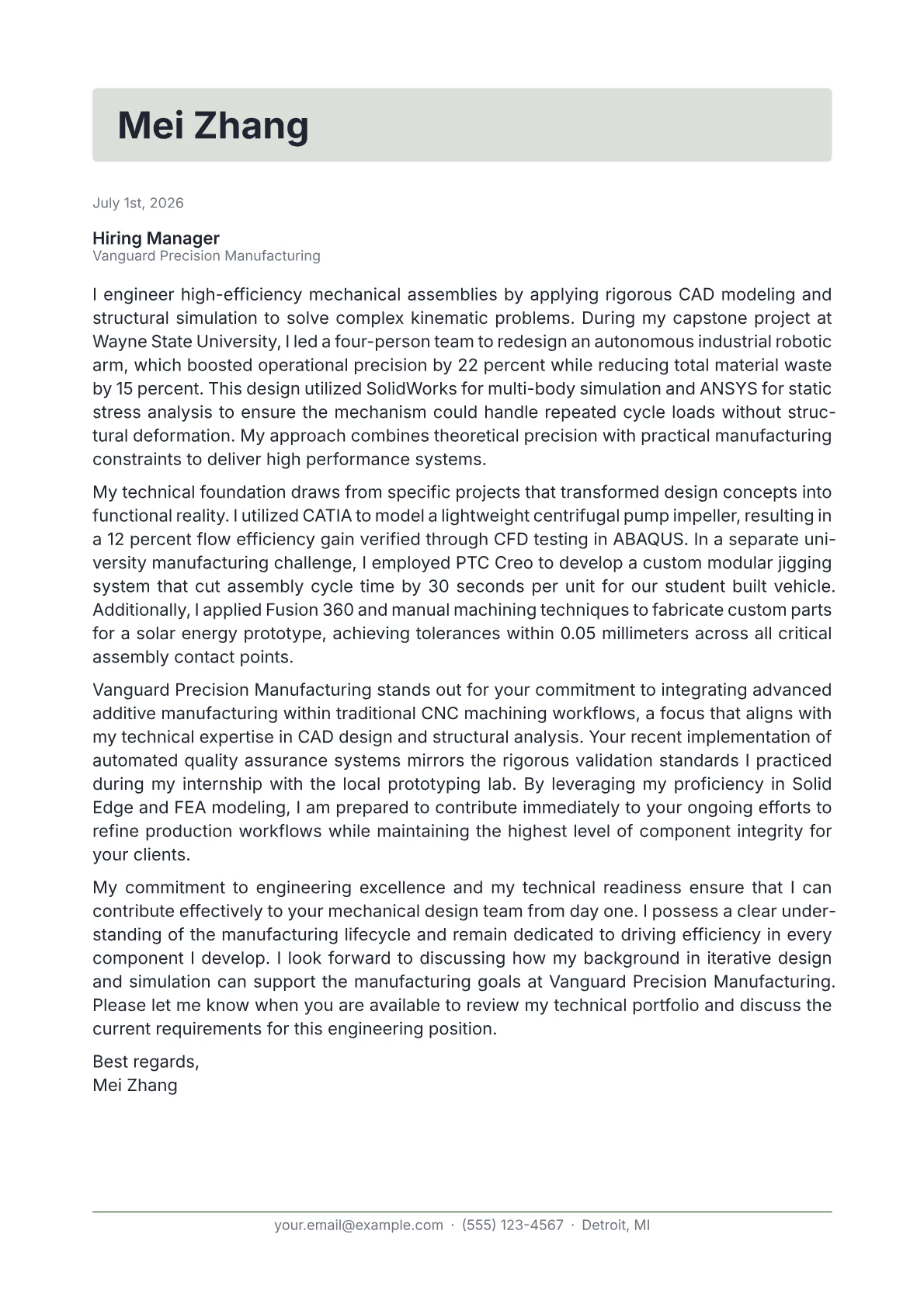 Mechanical Engineer cover letter in the Letterhead design