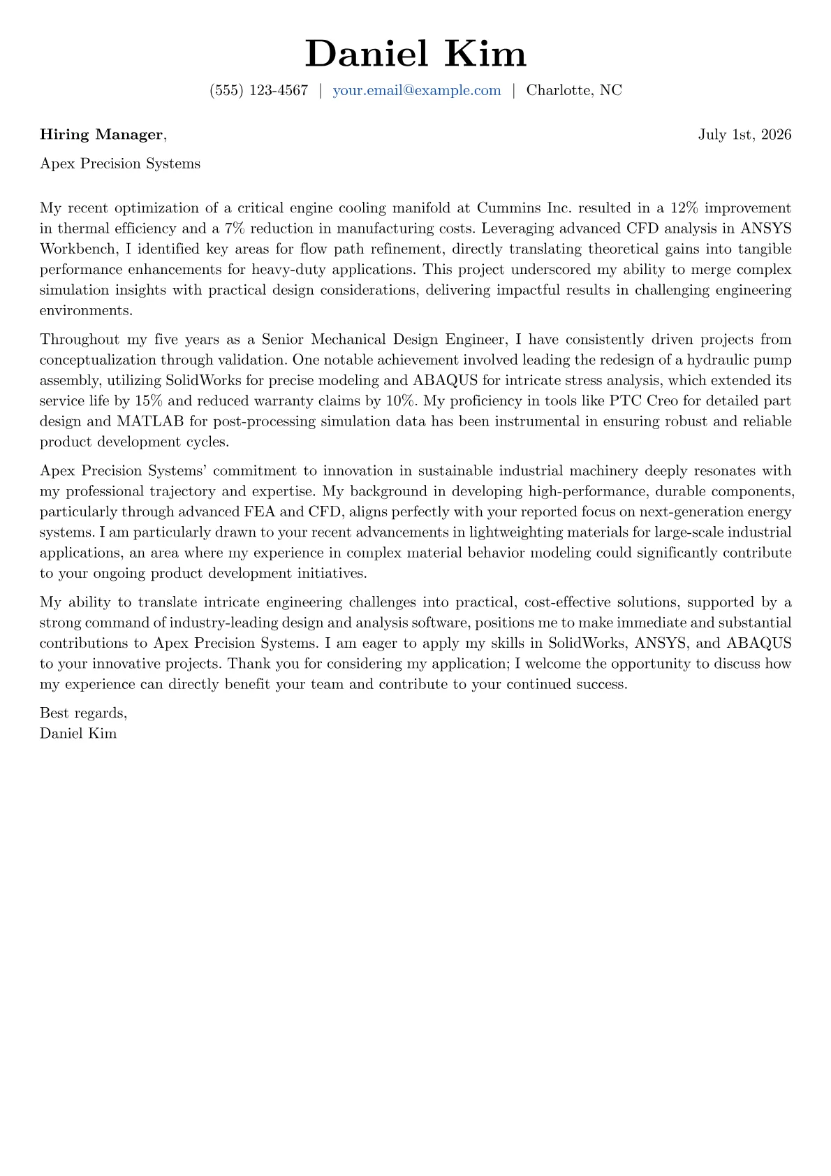 Mechanical Engineering cover letter formatted with a JobSprout template
