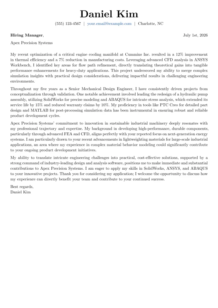 Mechanical Engineering cover letter example preview