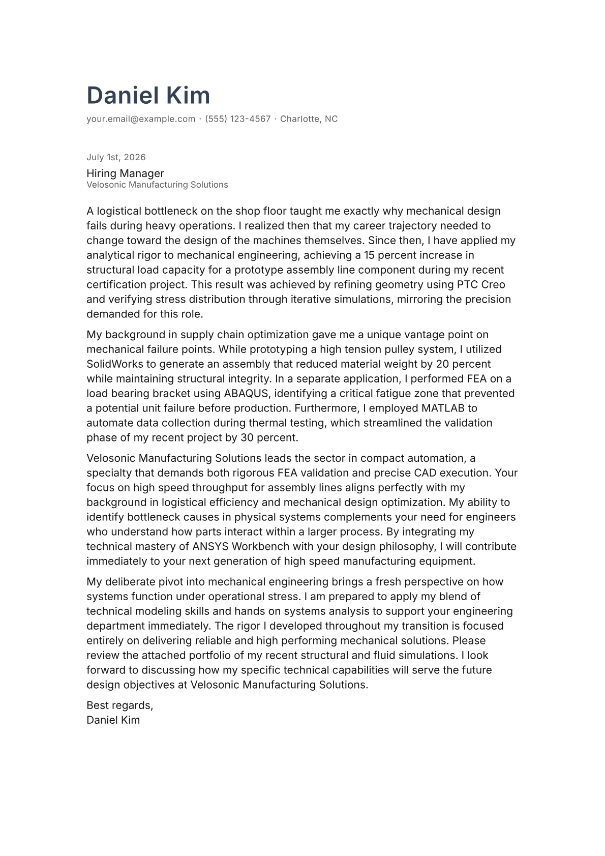 Mechanical Engineering cover letter in the Minimal design