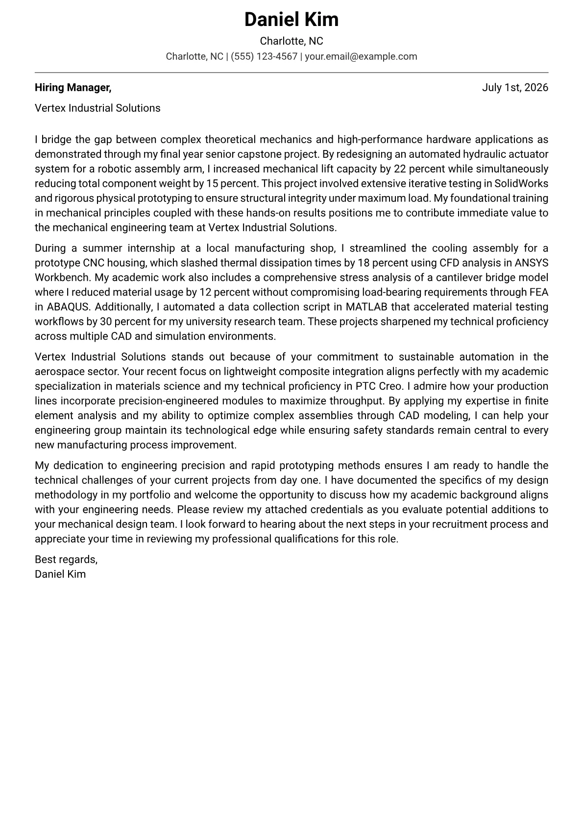 Mechanical Engineering cover letter in the Modern design