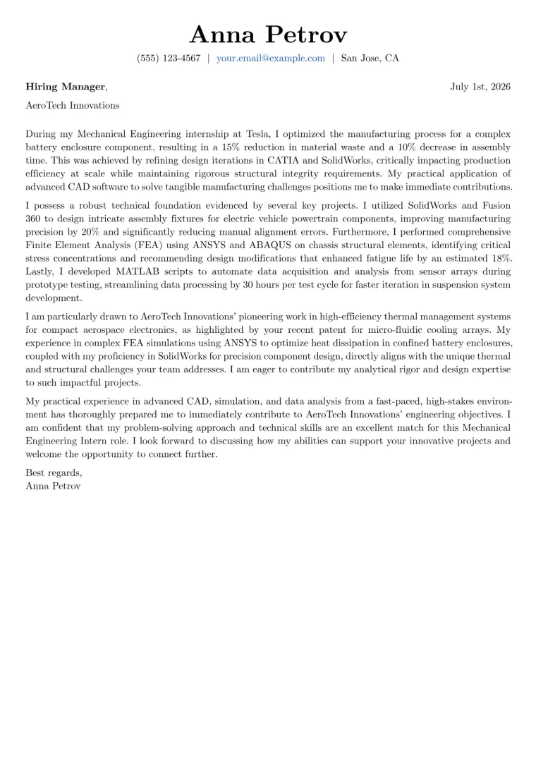 Mechanical Engineering Intern Cover Letter Example