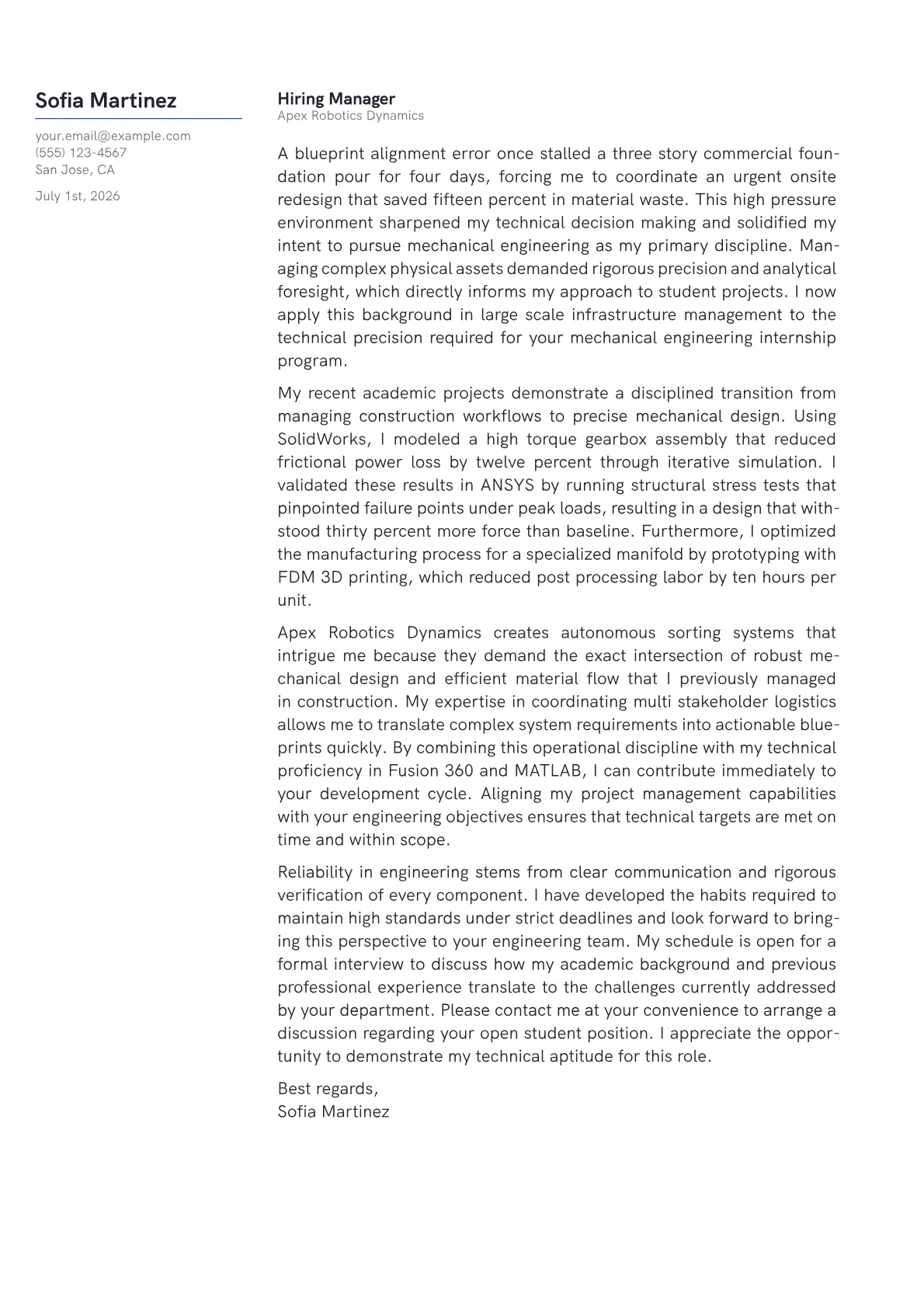 Mechanical Engineering Student cover letter in the Margin design