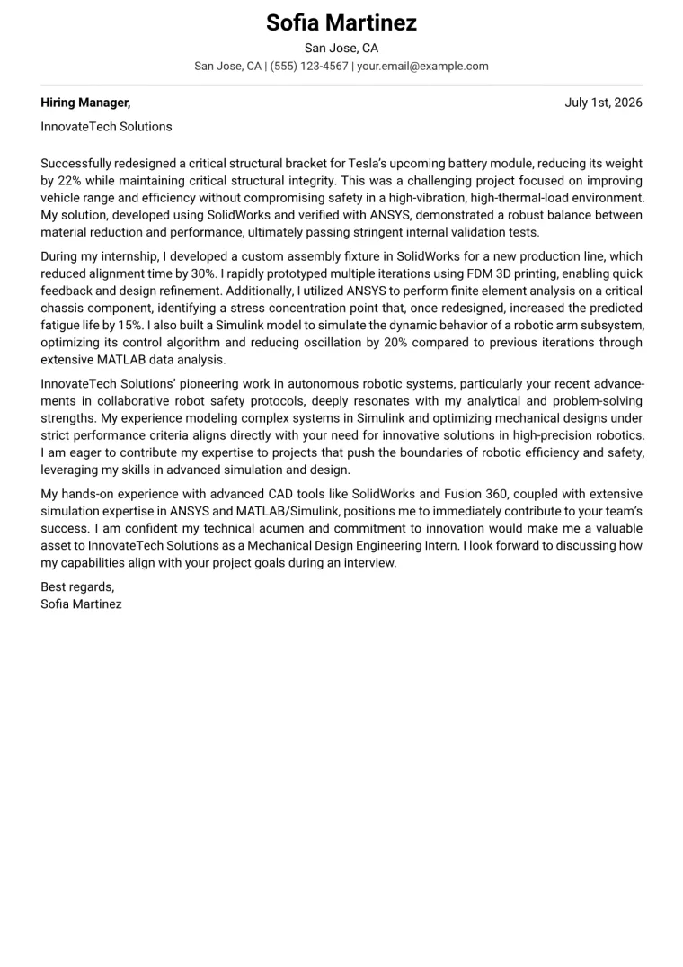 Mechanical Engineering Student Cover Letter Example