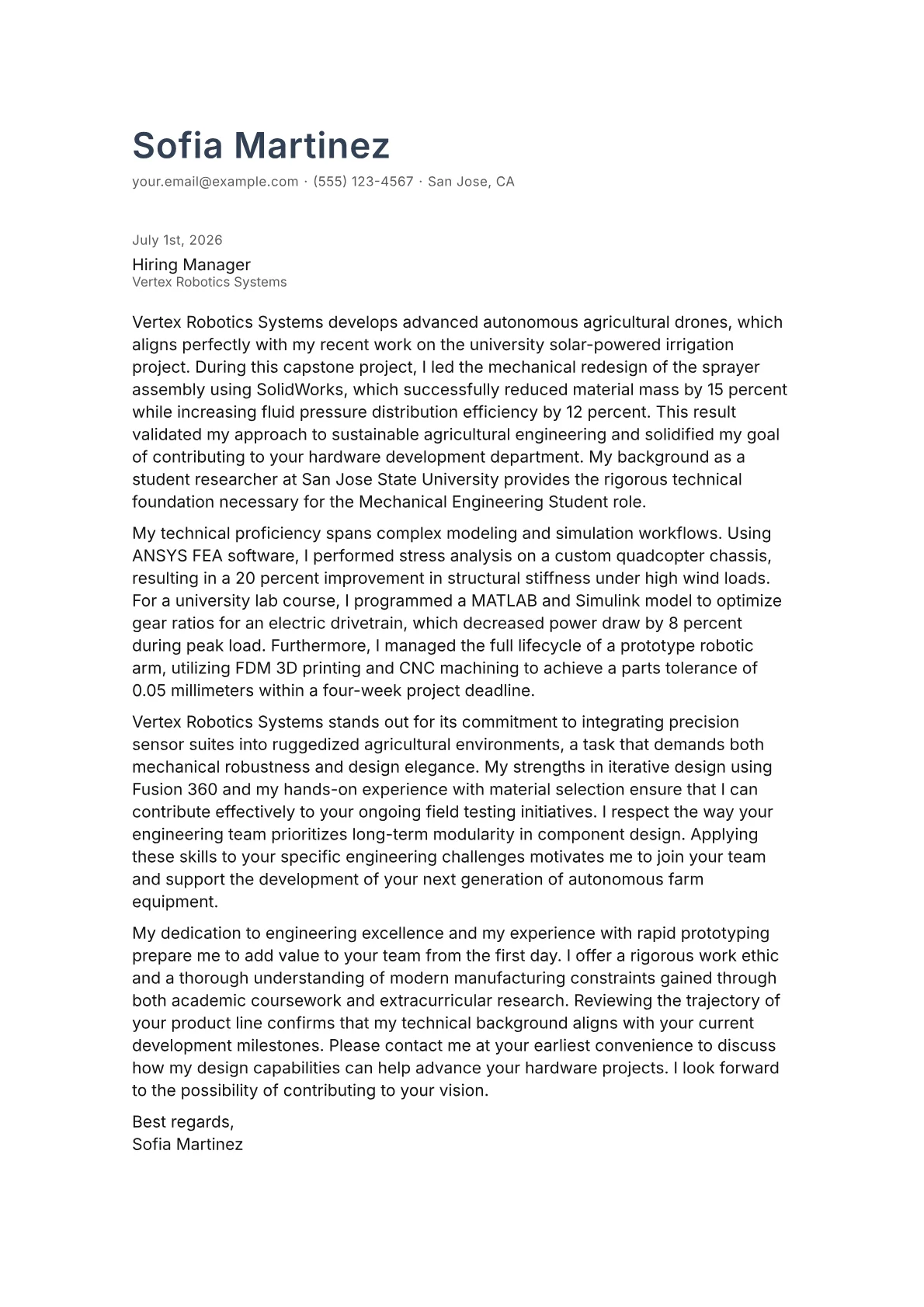 Mechanical Engineering Student cover letter in the Minimal design