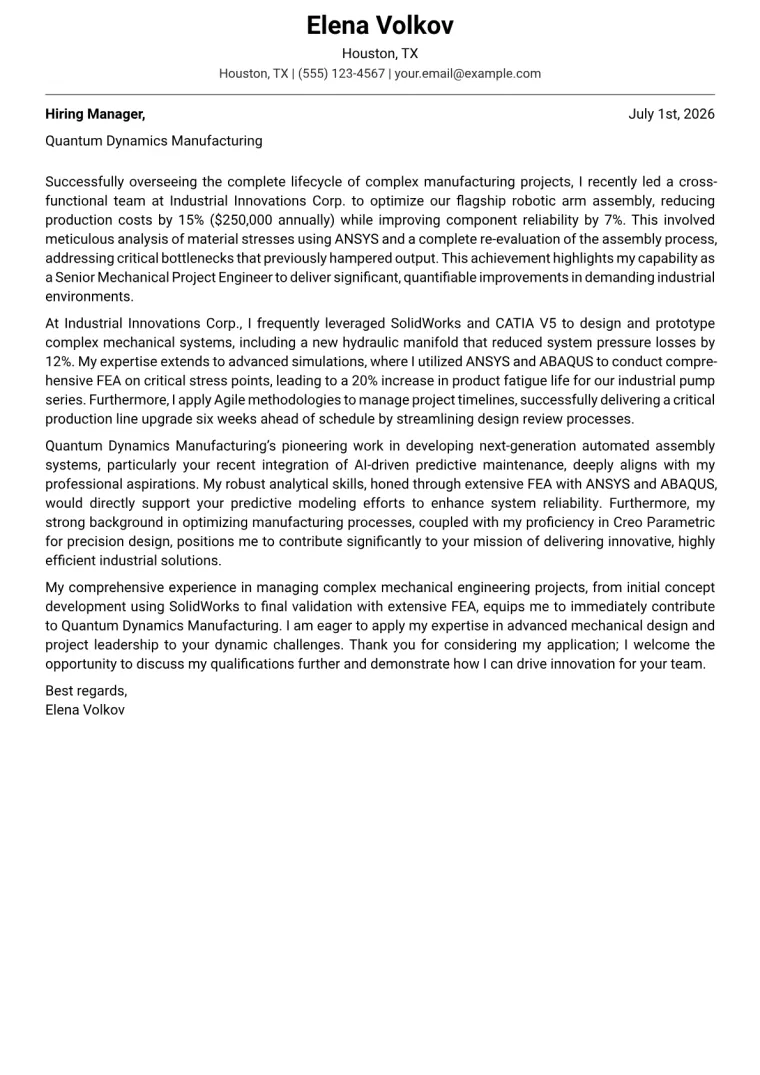 Mechanical Project Engineer Cover Letter Example