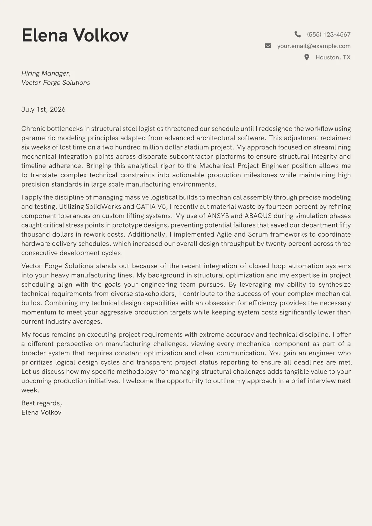 Mechanical Project Engineer cover letter in the Creative design