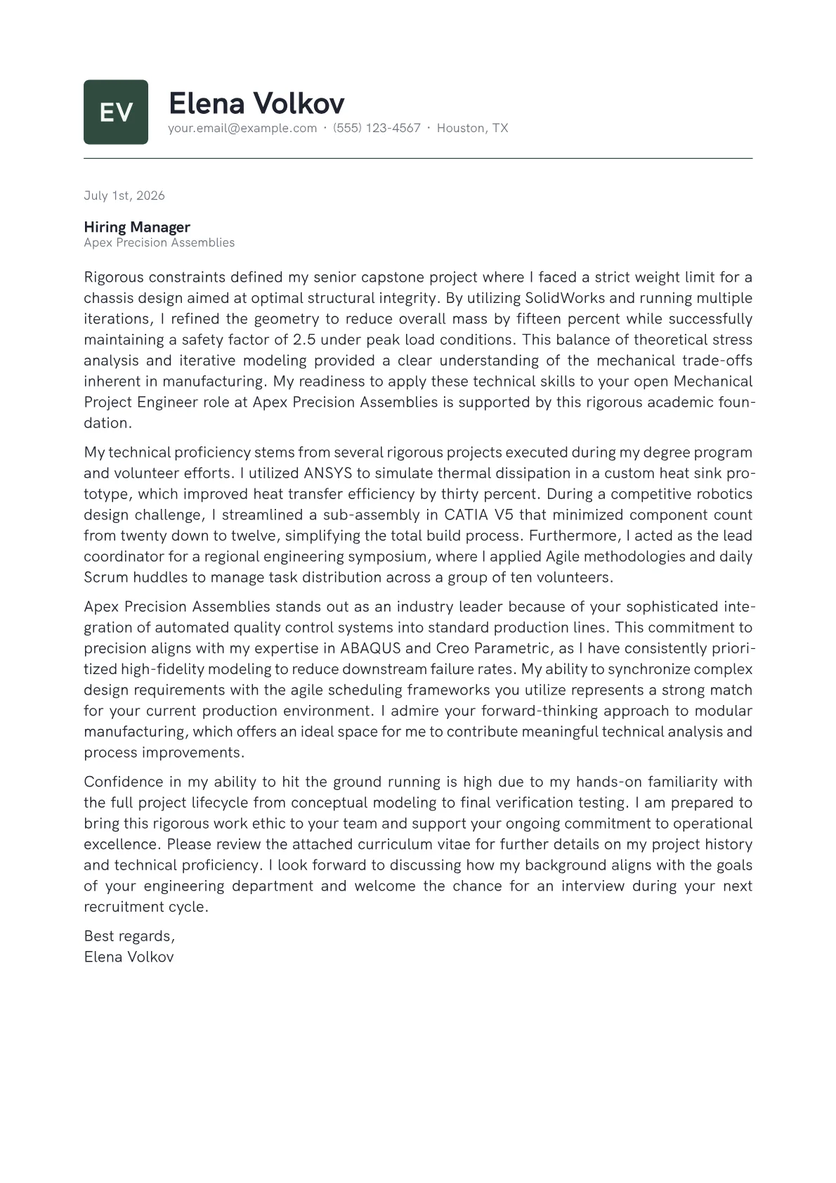 Mechanical Project Engineer cover letter in the Emblem design