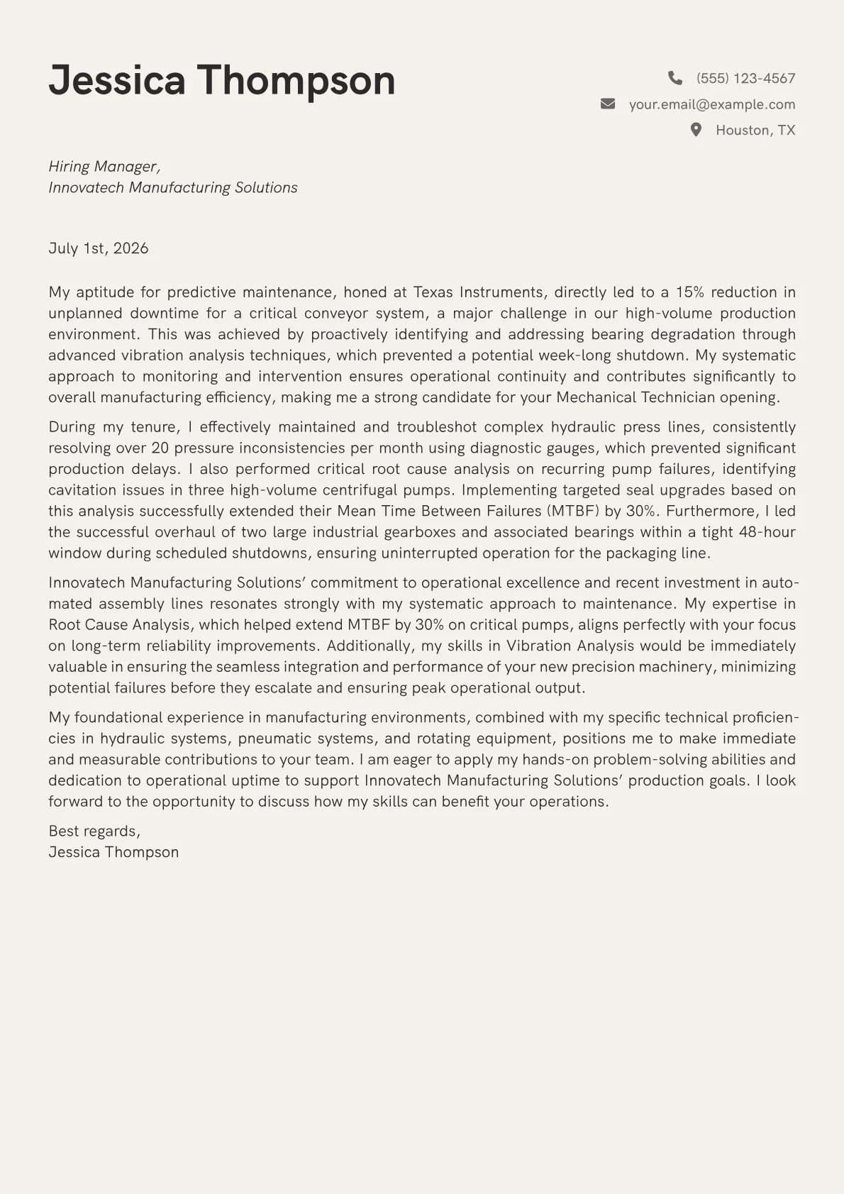 Mechanical Technician cover letter formatted with a JobSprout template