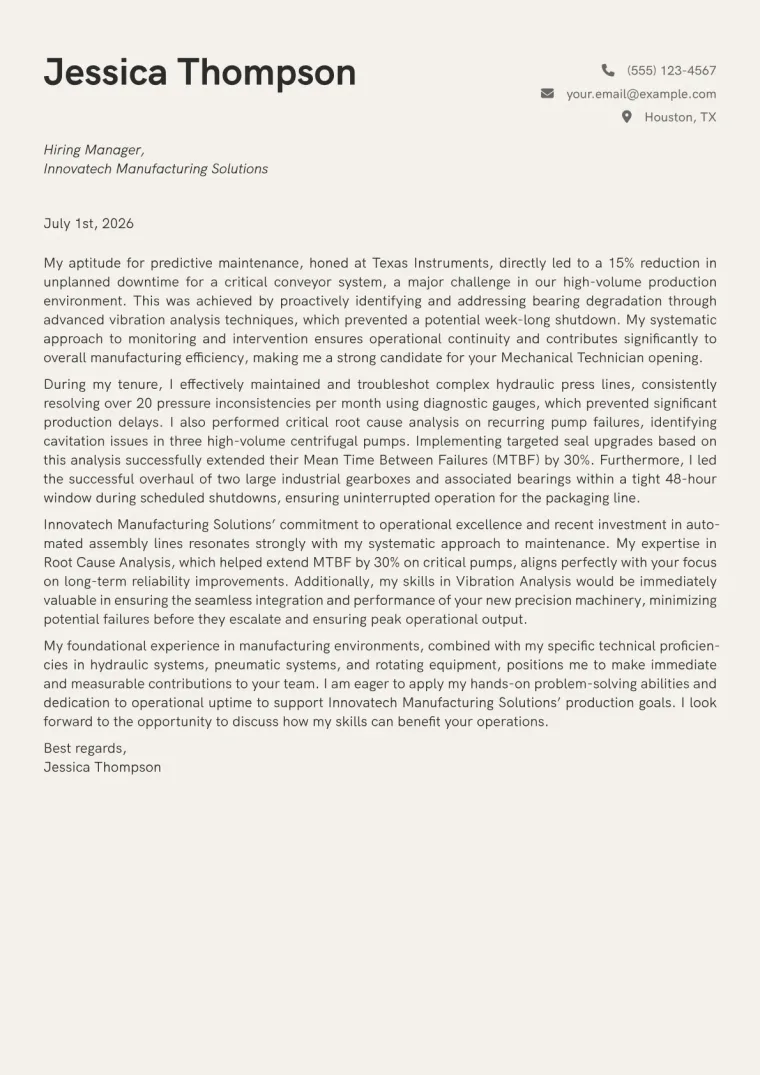Mechanical Technician Cover Letter Example