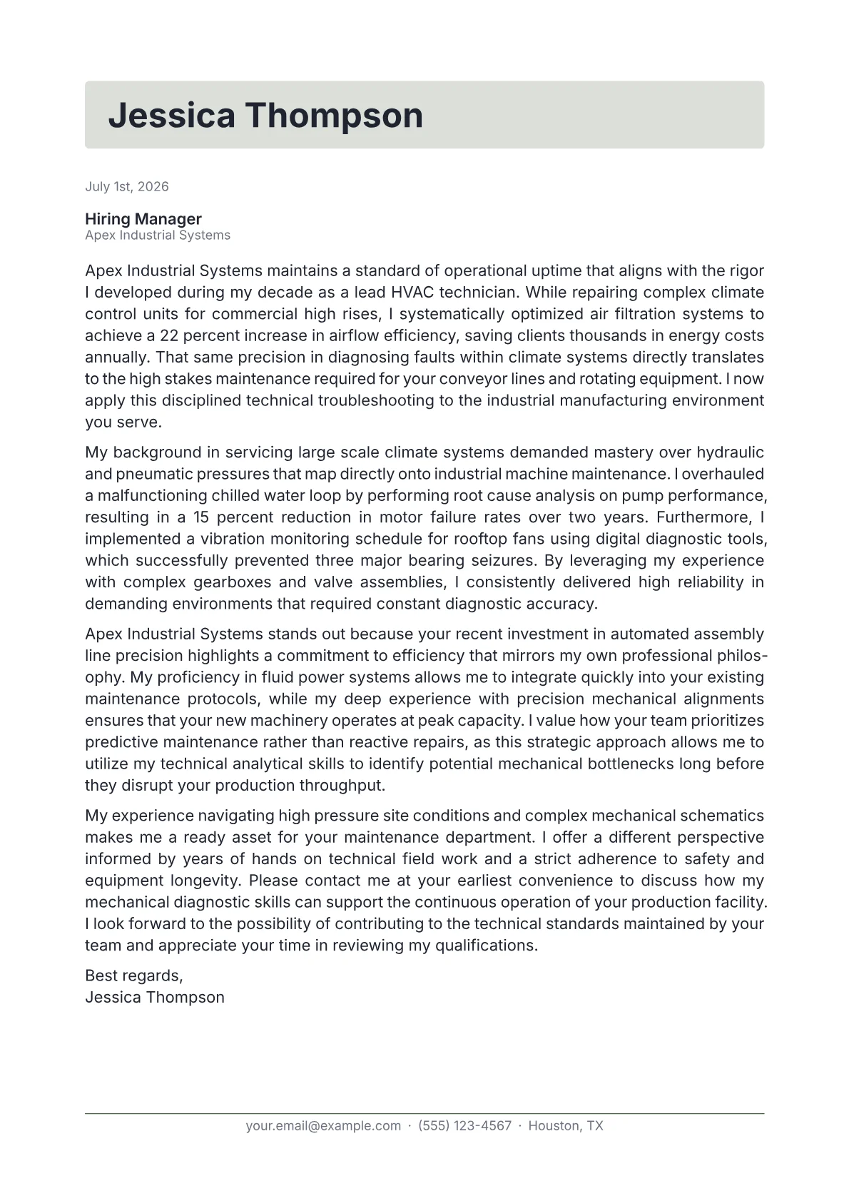 Mechanical Technician cover letter in the Letterhead design