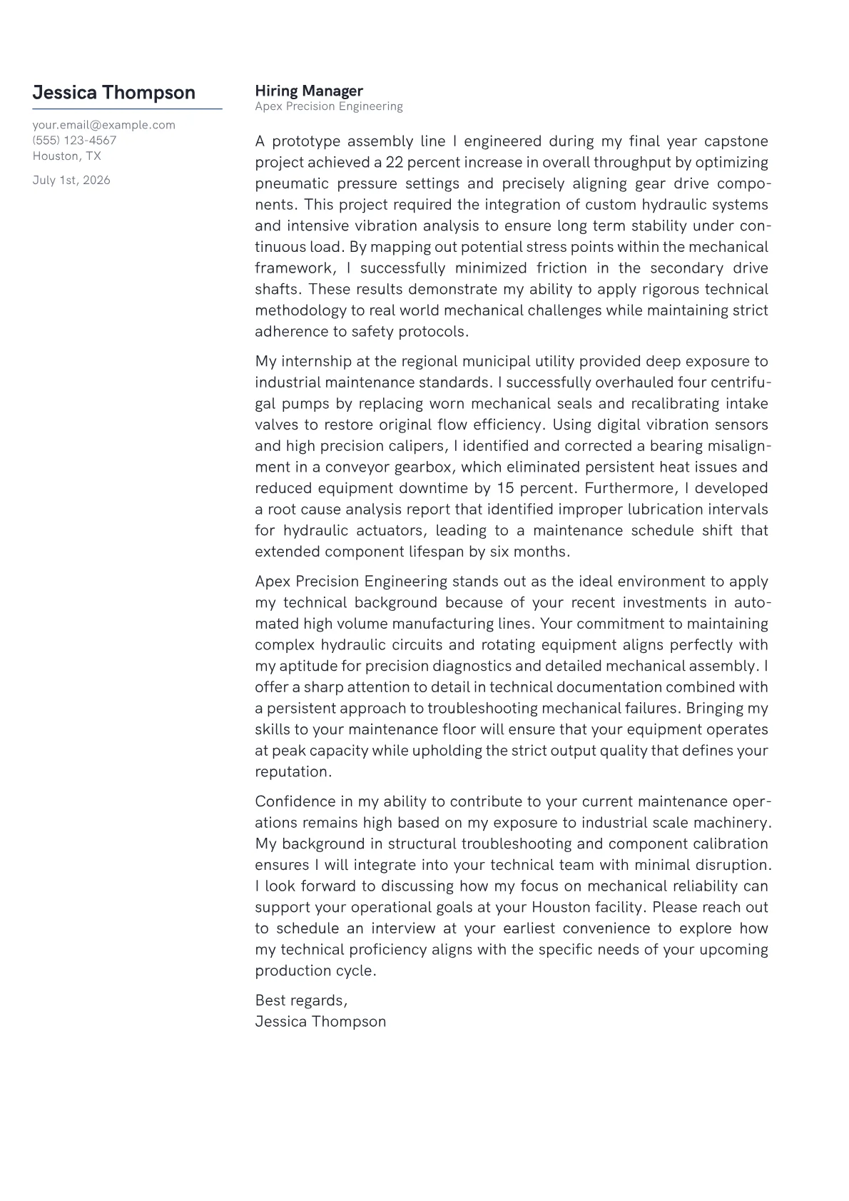Mechanical Technician cover letter in the Margin design