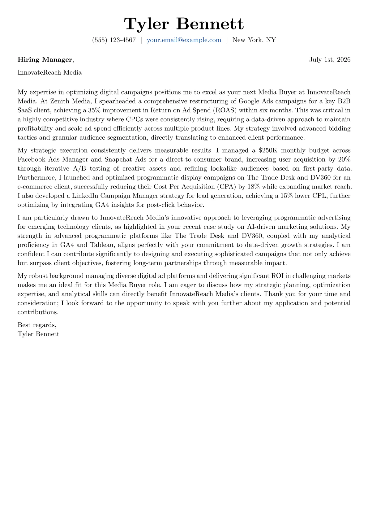 Media Buyer cover letter formatted with a JobSprout template
