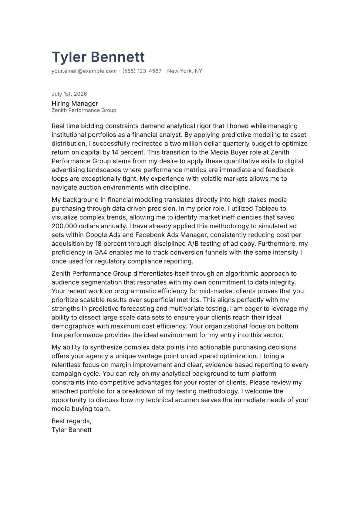 Media Buyer cover letter in the Minimal design