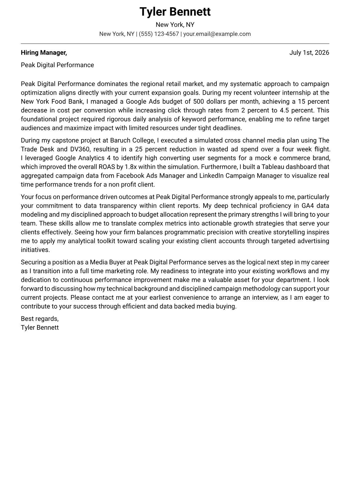 Media Buyer cover letter in the Modern design