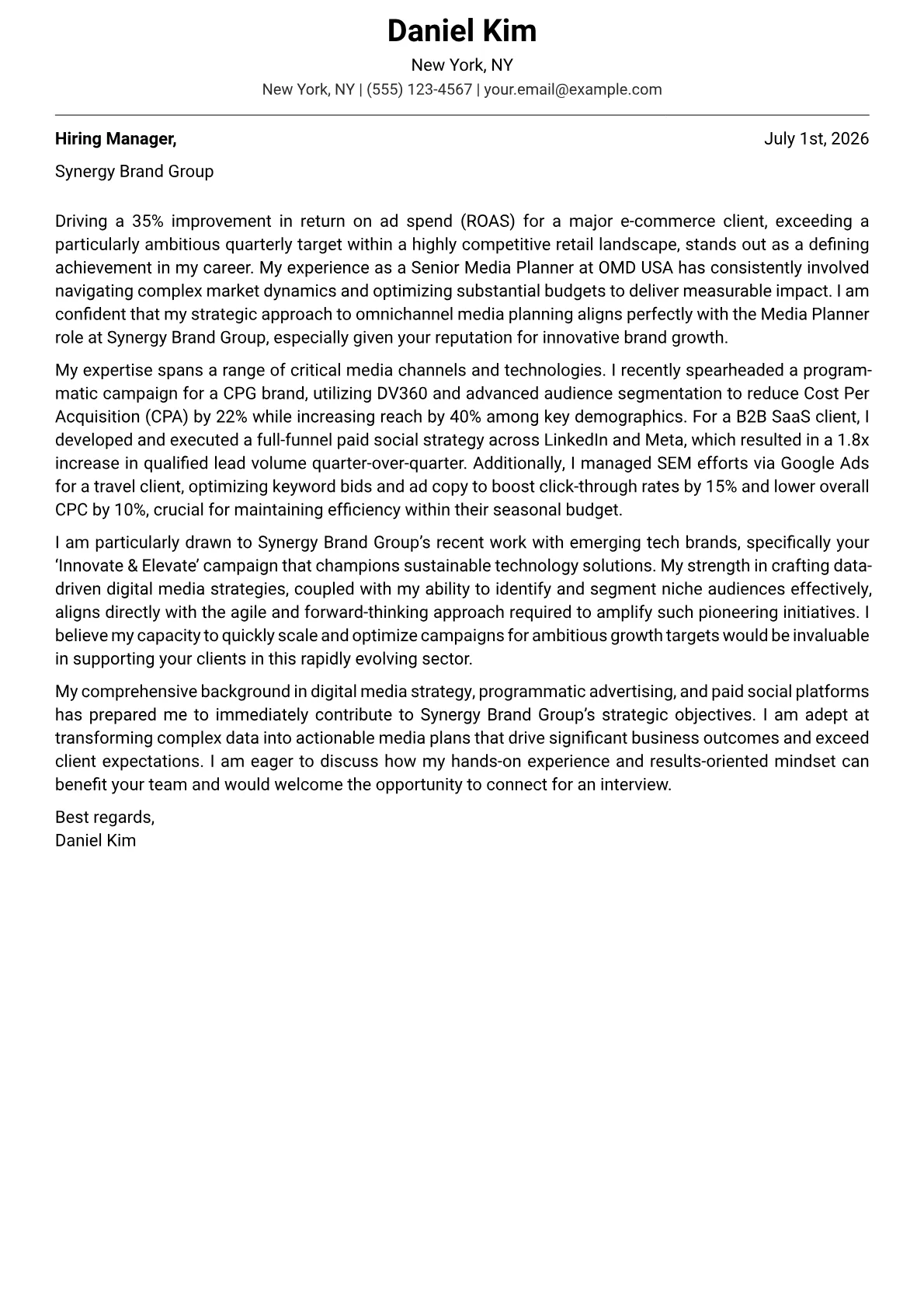 Media Planner cover letter formatted with a JobSprout template