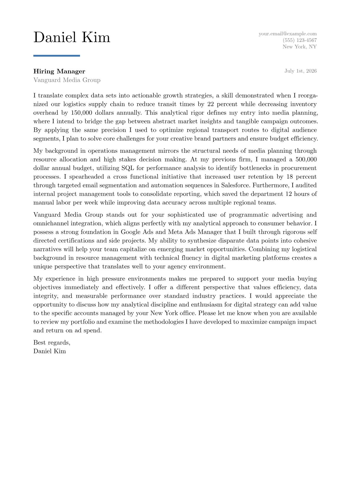 Media Planner cover letter in the Executive design