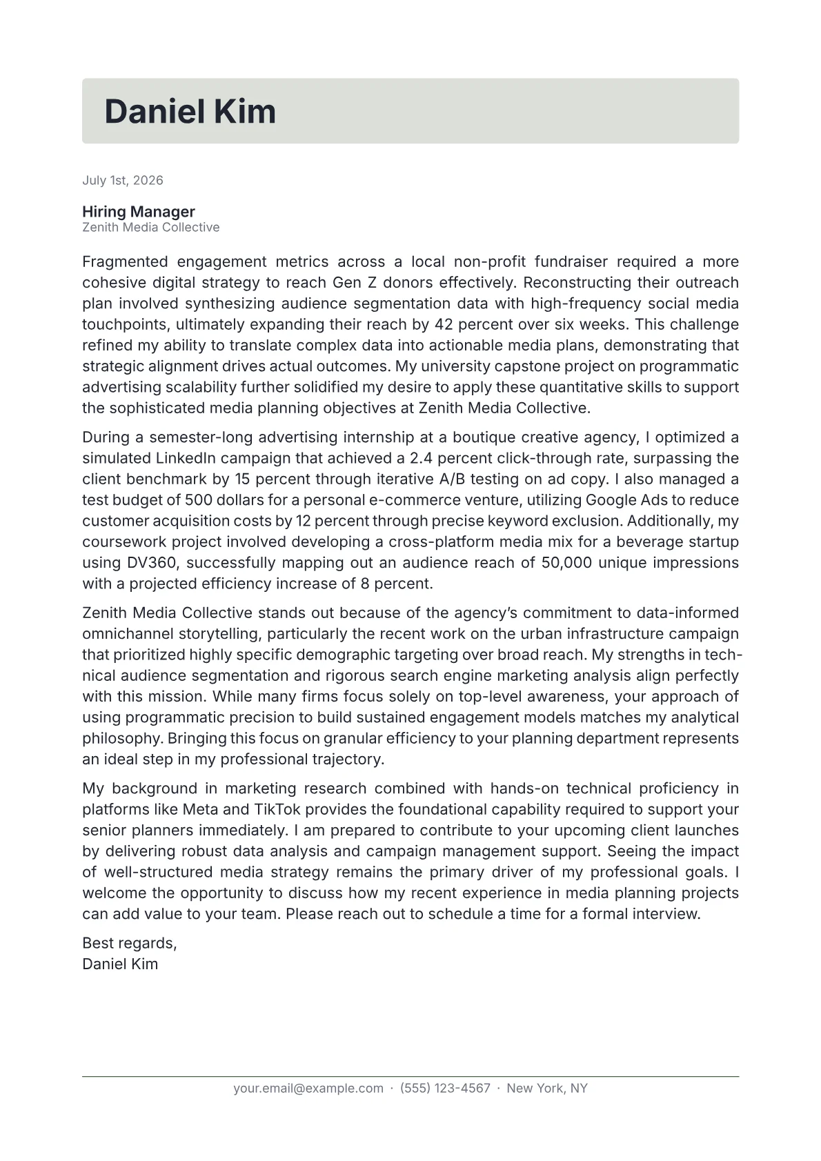 Media Planner cover letter in the Letterhead design