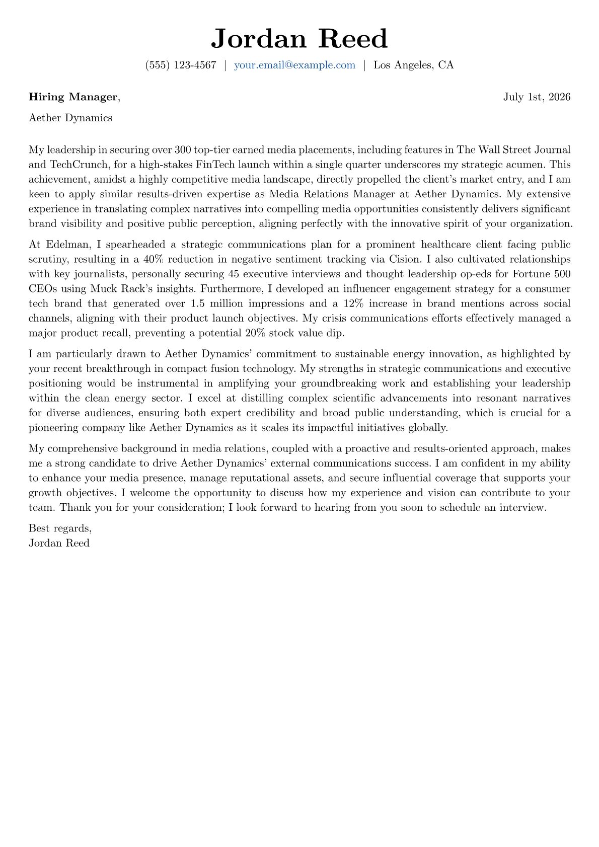 Media Relations Manager cover letter formatted with a JobSprout template