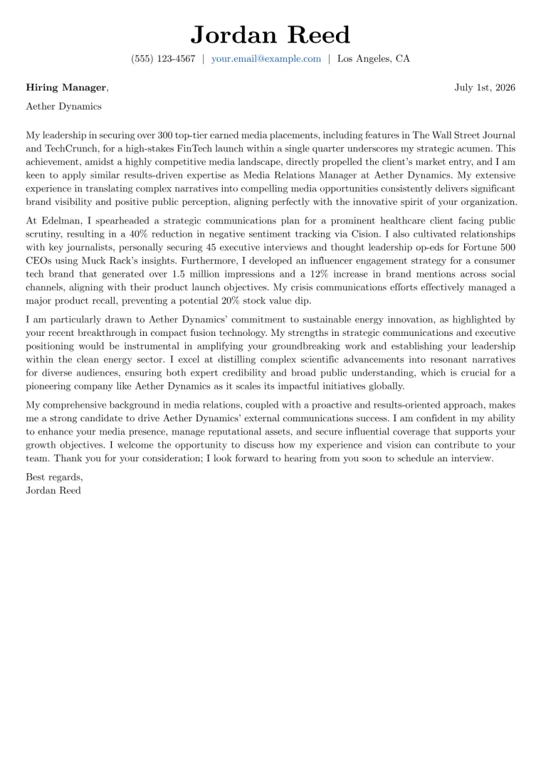 Media Relations Manager cover letter example preview