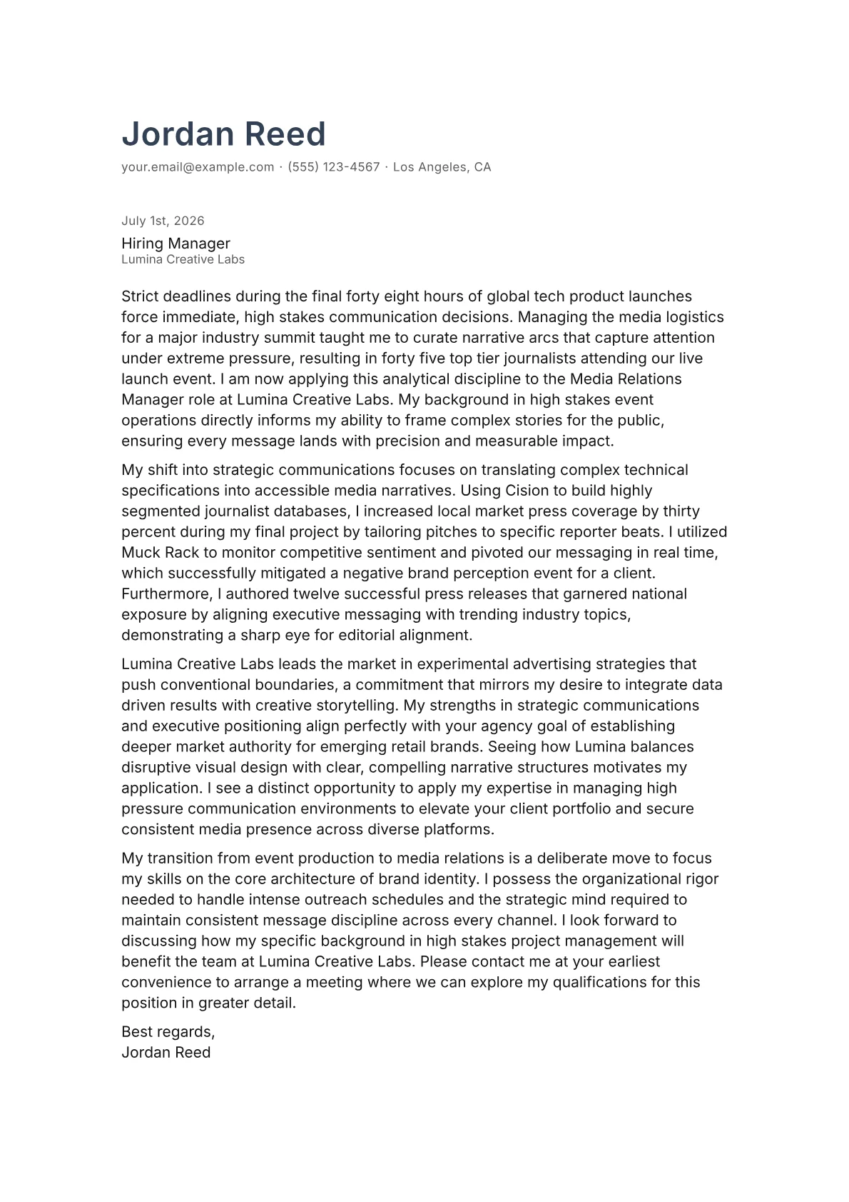 Media Relations Manager cover letter in the Minimal design