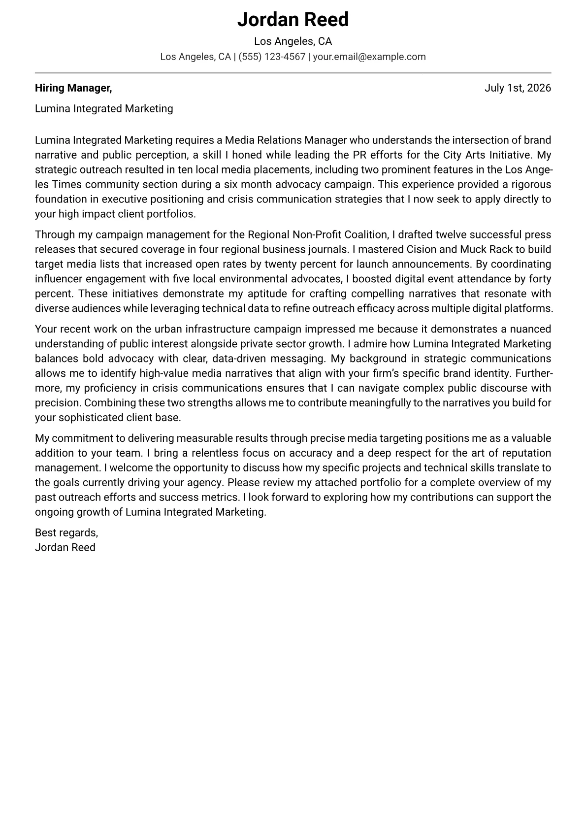 Media Relations Manager cover letter in the Modern design