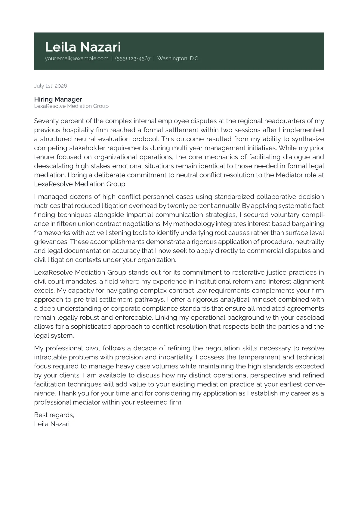 Mediator cover letter in the Banner design