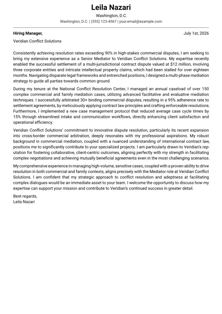 Mediator cover letter example preview