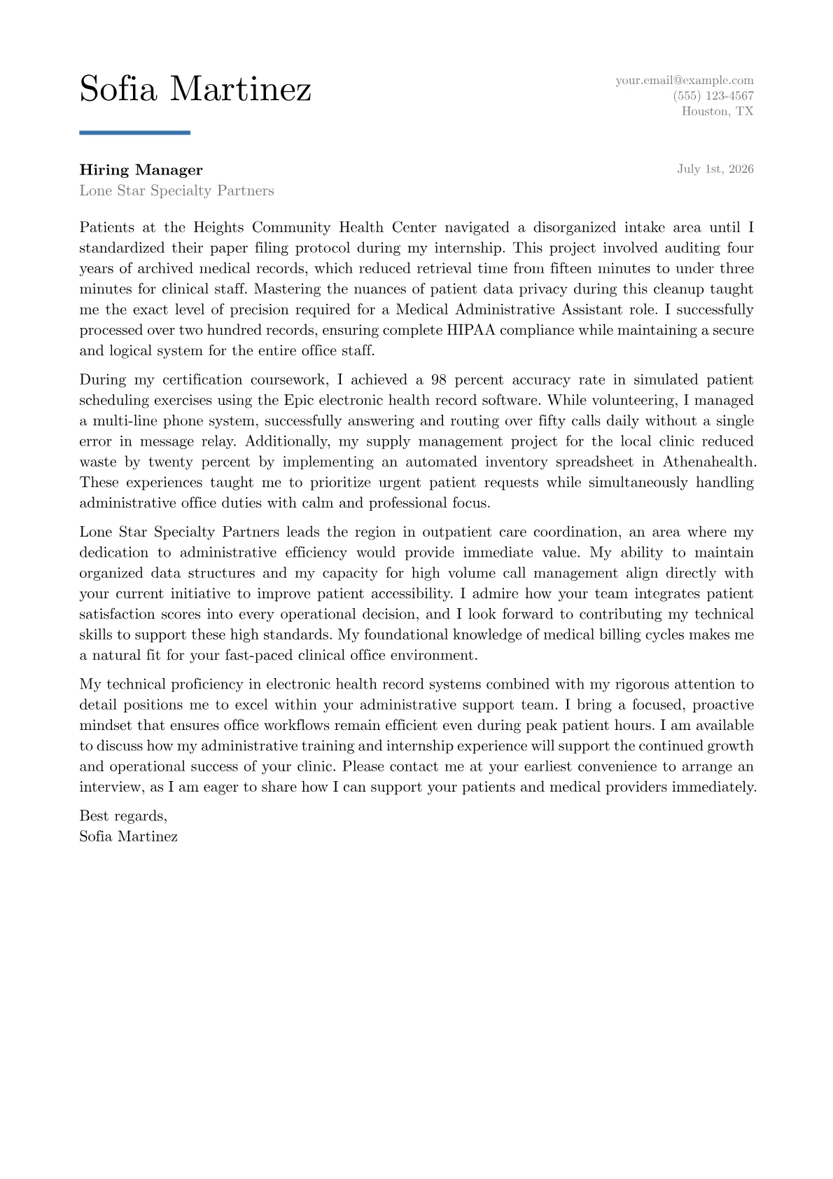 Medical Administrative Assistant cover letter in the Executive design