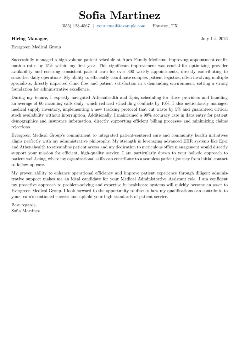 Medical Administrative Assistant Cover Letter Example