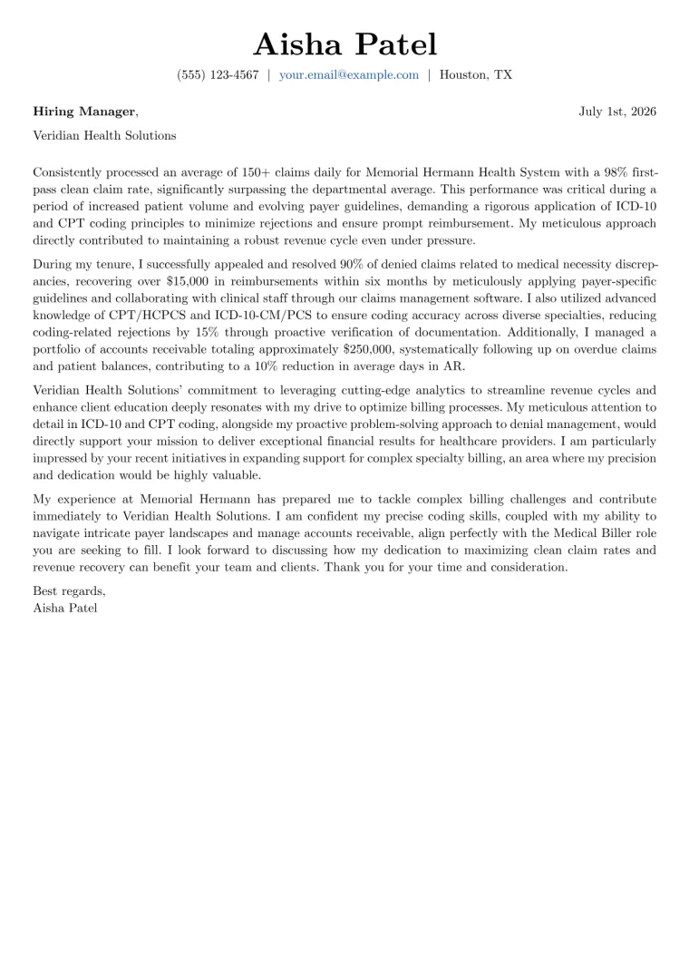 Medical Biller Cover Letter Example