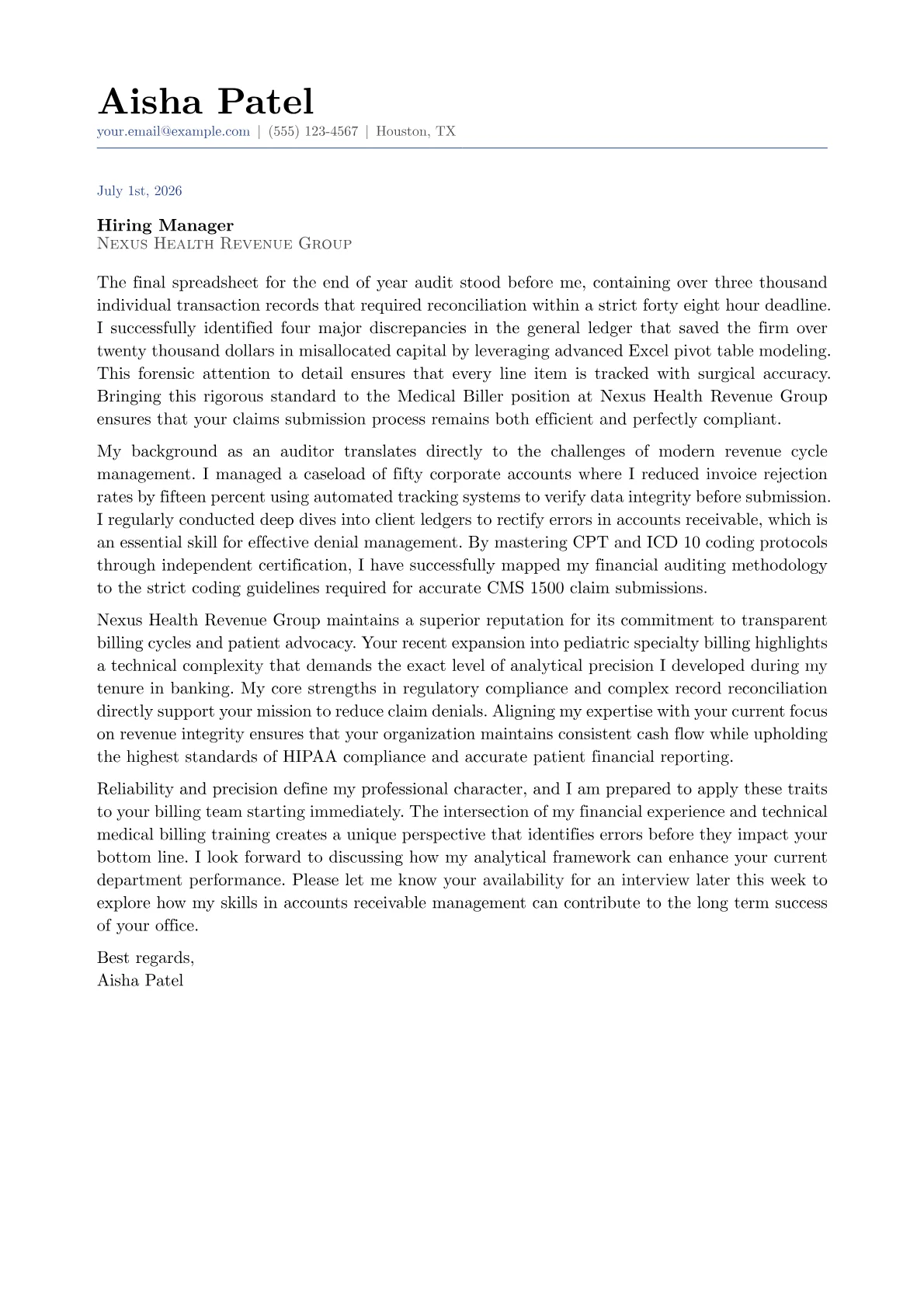Medical Biller cover letter in the Classic design