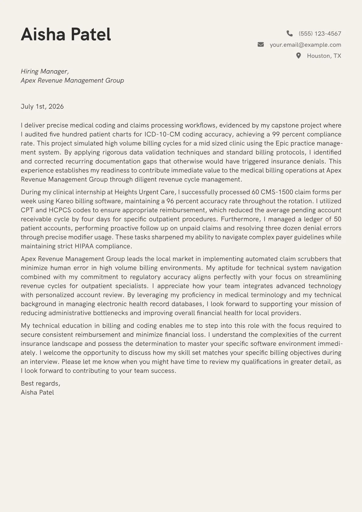 Medical Biller cover letter in the Creative design
